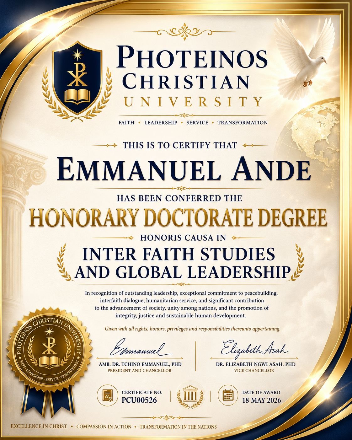 Honorary doctorate in interfaith studies and global leadership certificate