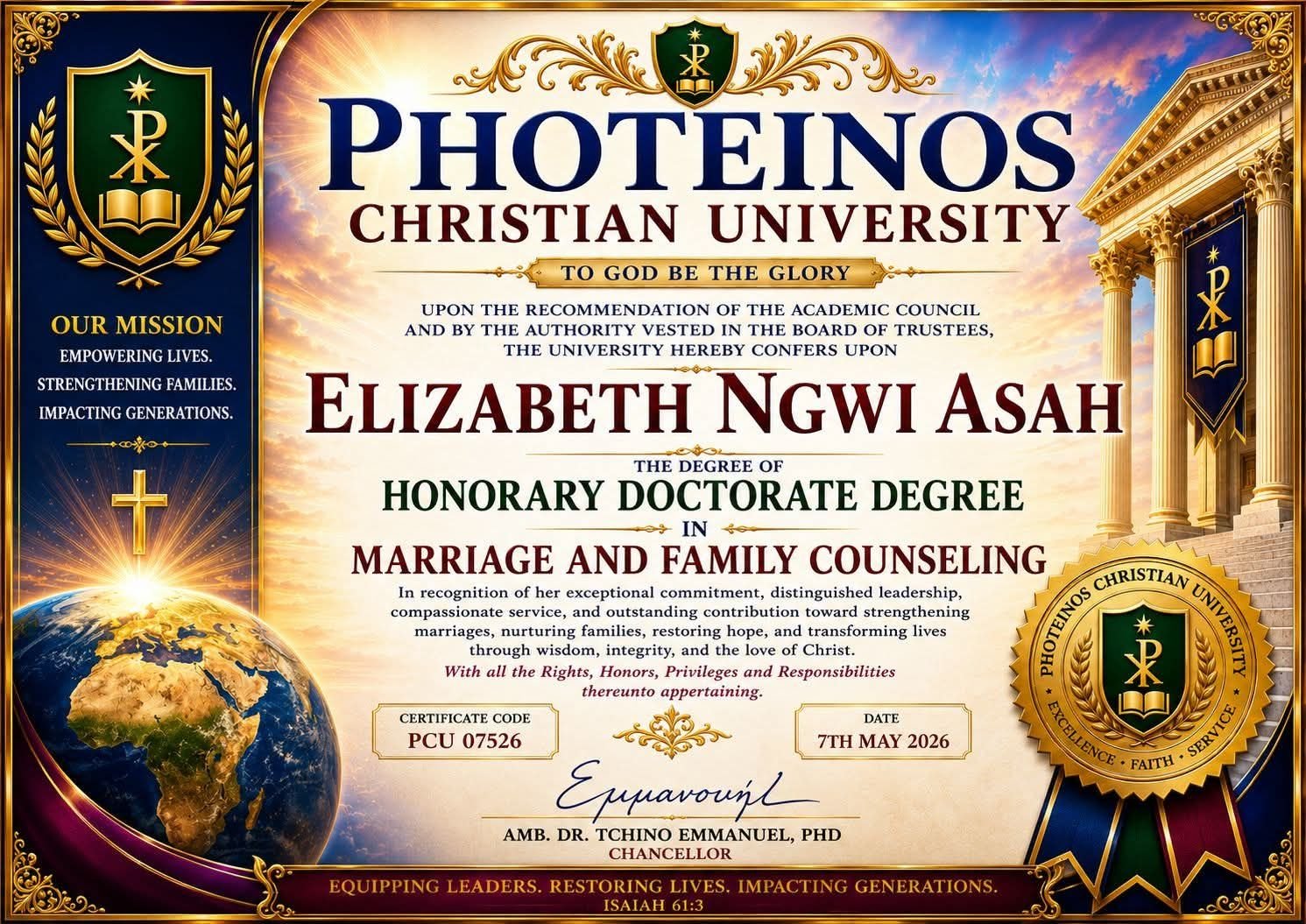 Honorary doctorate in marriage and family counseling certificate