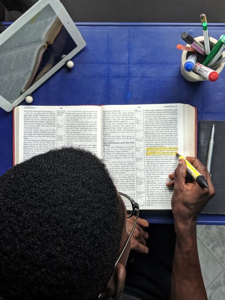 Bible study desk with digital learning tools