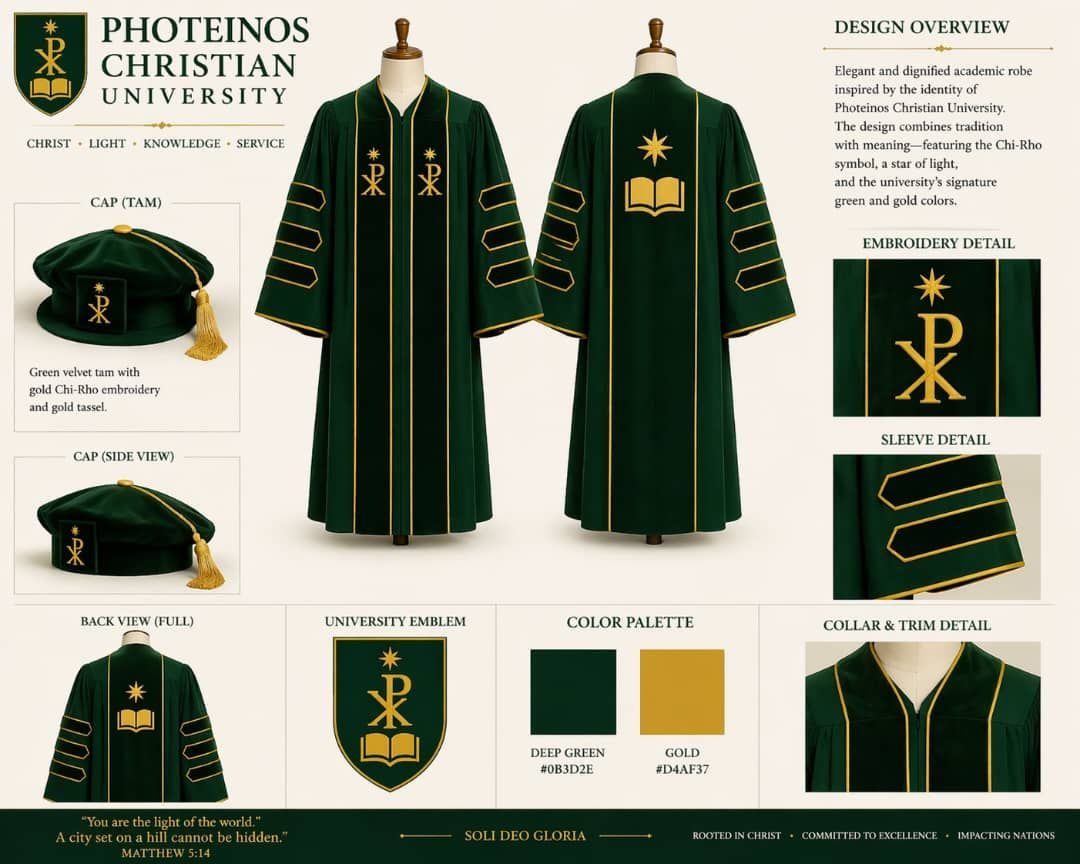 Official Photeinos Christian University academic regalia design
